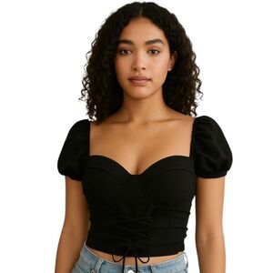 Haute Mode Black Puff Sleeve Lace Up Corset Crop Top XL Bohemian Whimsigoth